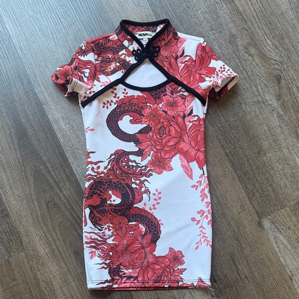 Fashion Nova Red and Black Dragon Floral Dress